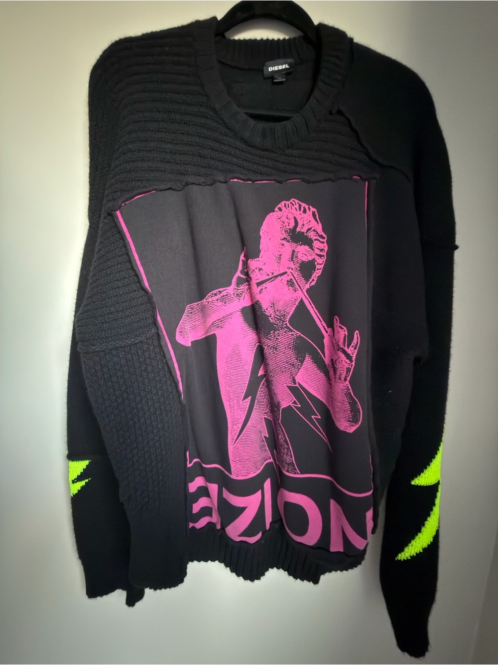 Diesel Black Crewneck Sweater with Neon Pink Graphic and Neon Green Accents